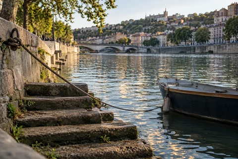 Lyon · Saône Kıyısında Taş Basamaklar ve Tekne